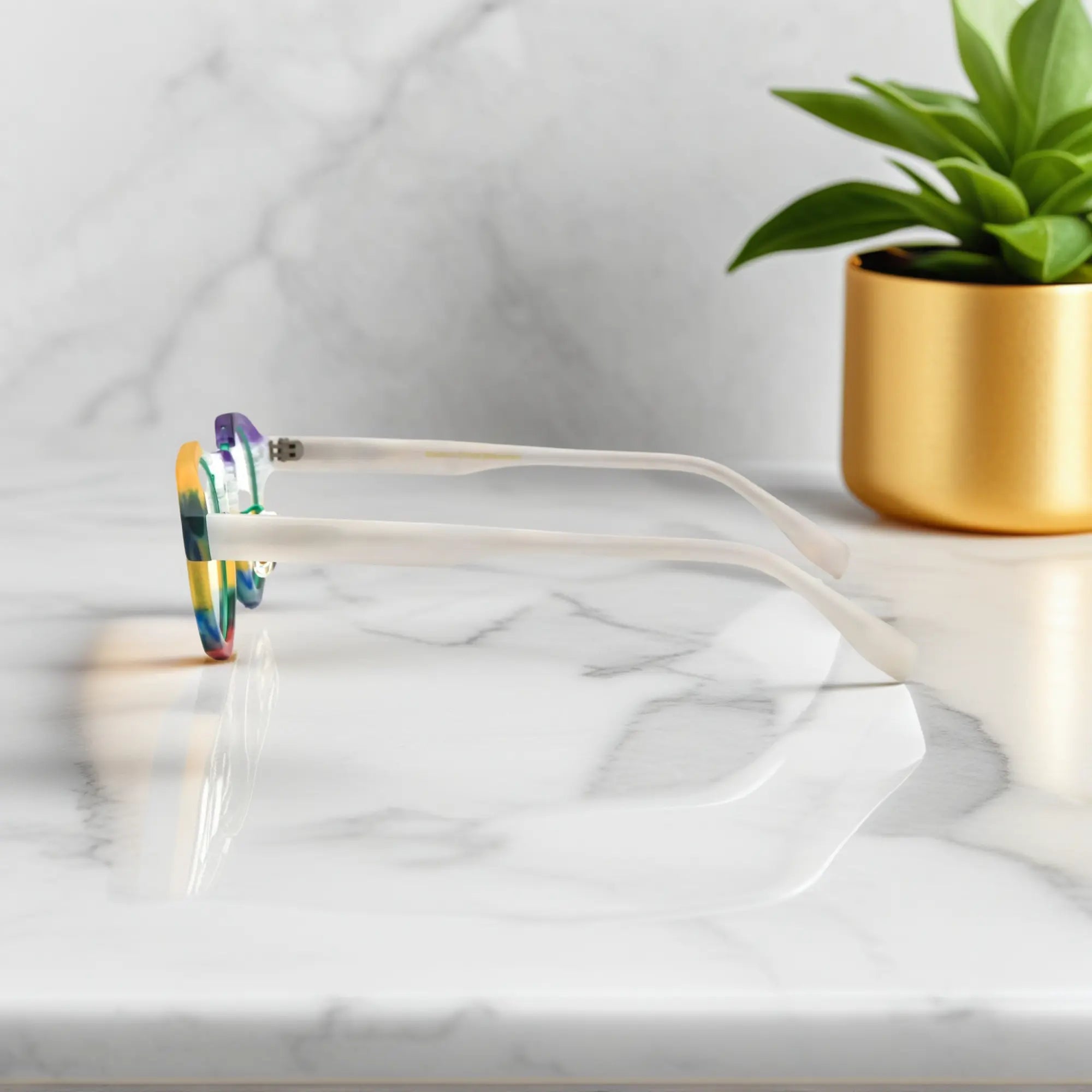 Side profile of VoyueLens™ Rainbow Frost eyeglasses showing matte white temples and colorful rims